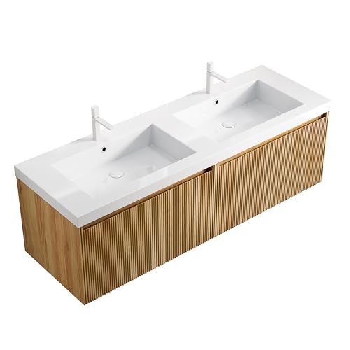 Wandmontierter Badezimmer-Waschtisch mit rechteckigem Resin-Integralbecken, gestreiftem Sperrholzschrank, massiver Holzfront, Soft-Close-LED-Schublade, integrierter Überlauf (Natur,140cm) von WEALTHKING