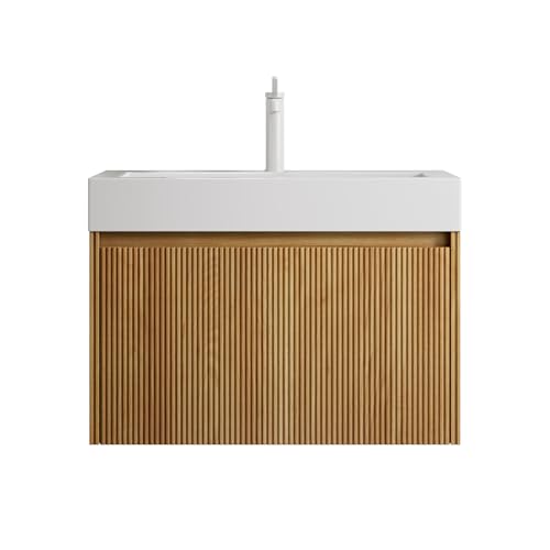 Wandmontierter Badezimmer-Waschtisch mit rechteckigem Resin-Integralbecken, gestreiftem Sperrholzschrank, massiver Holzfront, Soft-Close-LED-Schublade, integrierter Überlauf (Natur,70cm) von WEALTHKING