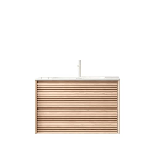 Wandmontierter Waschtisch Badmöbelset Keramik-Unterbauwaschbecken glänzende Oberfläche, gestreifter Sperrholzschrank Zwei Soft-Close-Schubladen, vormontierte Konstruktion (Walness,81cm) von WEALTHKING