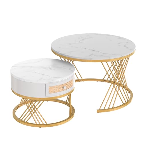 2-in-1 Couchtisch Set rund modern aus MDF mit Marmormuster Tischplatte, Metallgestell in Goldoptik, Schublade mit Kunststoff-Rattan und Massivholzgriff, Wohnzimmertisch Design Beistelltisch (Weiß) von WEALTHOUSE