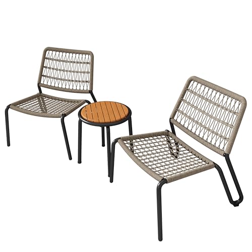3-teiliges Bistroset Gartenmöbel Balkonmöbel Set mit handgeflochtenem Seilgeflecht, verzinktem Stahlgestell, ergonomischer Rückenlehne, massivem Akazienholztisch, wetterfest für Outdoor (Beige) von WEALTHOUSE