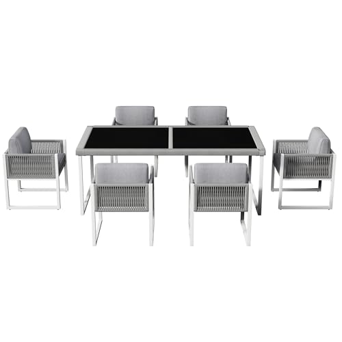 6-Sitzer Garten-Essgruppe mit Tisch aus gehärtetem Glas, Seilgeflecht-Stühlen mit hoher Rückenlehne, abnehmbarem waschbarem Kissenbezug, wetterfestem Stahlrahmen, UV-beständigem Outdoor-Möbelset von WEALTHOUSE