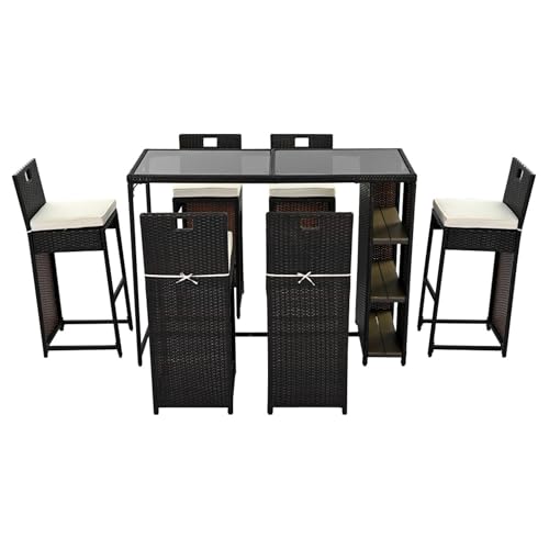 7-teilige Garten-Barset aus Polyrattan mit 6 Barhockern und hohem Tisch,integrierte Ablagefächer,wetterfestem Gestell,Glas-Tischplatte,komfortablen Sitzkissen,höhenverstellbaren Füßen,waschbare Bezüge 7-teilige Garten-Barset aus Polyrattan mit 6 Barhockern und hohem Tisch,integrierte Ablagefächer,wetterfestem Gestell,Glas-Tischplatte,komfortablen Sitzkissen,höhenverstellbaren Füßen,waschbare Bezüge von WEALTHOUSE