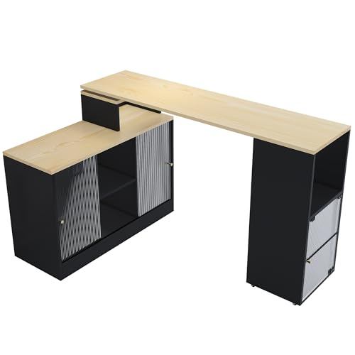 Ausziehbarer Bartisch mit Stauraum und 360° Drehfunktion, Moderner beweglicher Stehtisch mit Regenbogenglas-Schiebetüren,MDF-Material,Bar Table mit Seitenregal,Hochtisch als Raumteiler oder Sideboard von WEALTHOUSE