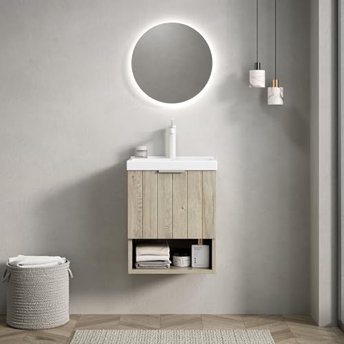 Bad-Waschtisch Wandmontage, integriertes rechteckiges Keramikbecken glänzend, grifflose Massivholz-Fronten, Doppeltür Stauraum plus offenes Regal, Soft-Close Scharniere (Eiche cremefarbene,42cm) von WEALTHOUSE