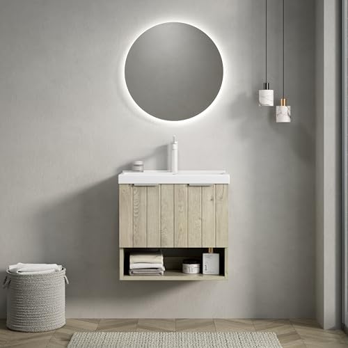 Bad-Waschtisch Wandmontage, integriertes rechteckiges Keramikbecken glänzend, grifflose Massivholz-Fronten, Doppeltür Stauraum plus offenes Regal, Soft-Close Scharniere (Eiche cremefarbene,55cm) von WEALTHOUSE