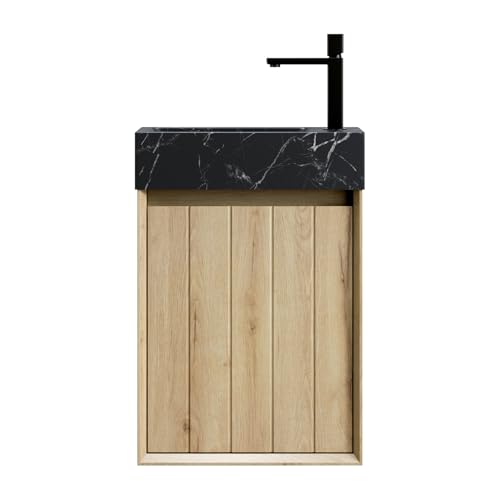 Bad-Waschtisch zur Wandmontage,integriertes Naturmarmor-Becken,vormontierter Sperrholz-Unterschrank,Massivholz-Tür,Softclose-Scharniere,platzsparendes für Gäste-WC und kleine Räume (Natur,40cm) von WEALTHOUSE