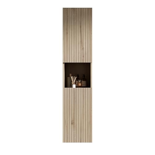 Badezimmer Wandschrank Hochschrank Aufbewahrungsschrank,schmal hängend,Zwei Türen, offenes Fach,geriffelte Front,wandmontierte vertikale Ordnung für kleine Räume,Mehrschicht-Sperrholz (Weiße Eiche) Badezimmer Wandschrank Hochschrank Aufbewahrungsschrank,schmal hängend,Zwei Türen, offenes Fach,geriffelte Front,wandmontierte vertikale Ordnung für kleine Räume,Mehrschicht-Sperrholz (Weiße Eiche) von WEALTHOUSE