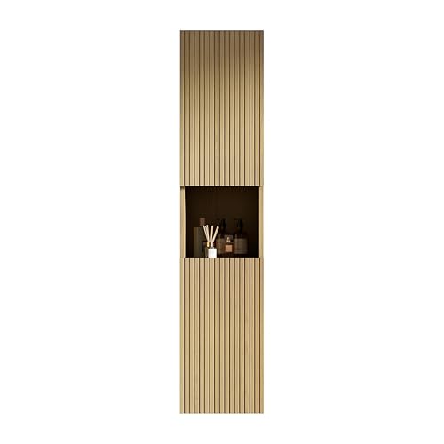 Badezimmer Wandschrank Hochschrank Aufbewahrungsschrank,schmal hängend,zwei Türen, offenes Fach,geriffelte Front,wandmontierte vertikale Ordnung für kleine Räume,Mehrschicht-Sperrholz (Corolla) von WEALTHOUSE