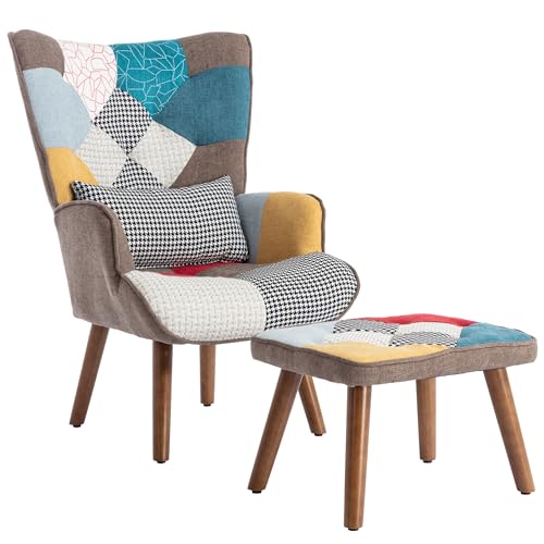 Bequemer Freizeitstuhl mit passender Fußstütze, ergonomisch gepolstertem Rückenkissen, modernem Patchwork-Design, stabilem Massivholzgestell, Relaxsessel für Wohnzimmer oder Leseecke (Bunt) von WEALTHOUSE