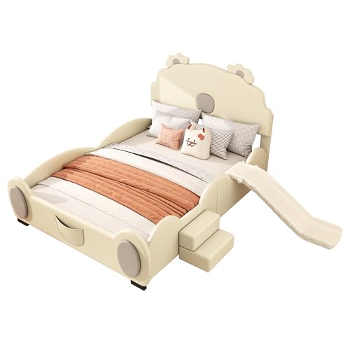 Bett im Cartoon-Bärendesign mit integrierter Rutsche und Stufen,PU-MDF Kombination,weiche Oberfläche,stabiler Lattenrost,kreatives Spielbett,hohe Tragfähigkeit,leicht zu reinigen (Beige,140x200cm) von WEALTHOUSE