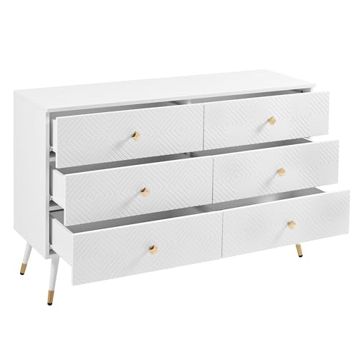 Elegante Anrichte mit Schubladen, strukturierte Oberfläche mit Rautenmuster, stabile Konstruktion mit Metallgestell, geeignet für Essbereich, Schlafzimmer, Wohnlandschaft, Empfangsbereich (Weiß) von WEALTHOUSE
