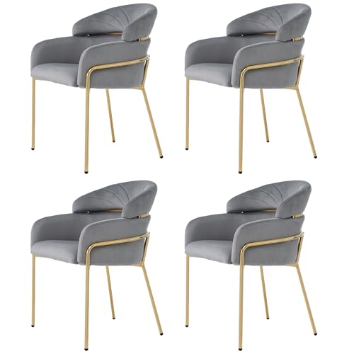 Eleganter Samt Esszimmerstuhl mit ergonomischer Rückenlehne Nackenstütze Lordosenstütze modernes Design Wohnzimmerstuhl Lounge Sessel mit Metallbeinen stabil bequem für Schlafzimmer (Grau,4) von WEALTHOUSE