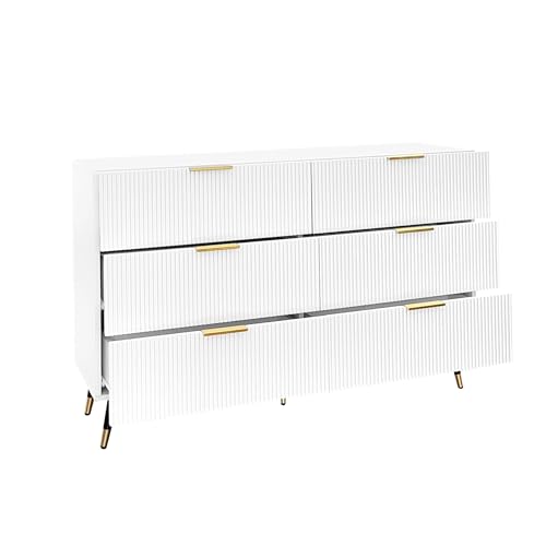 Elegantes Buffet mit strukturierter Front, Kommode mit goldfarbenen Griffen, Sideboard mit sechs Schubladen, ideal für Geschirr, Besteck und Esszimmerzubehör im modernen Wohnstil (Weiß) von WEALTHOUSE
