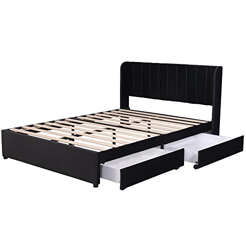 Elegantes Samt-Polsterbett mit robustem Lattenrost, extra Stauraum durch zwei große Schubladen, bequemes gestepptes Kopfteil, pflegeleichtes Design, perfekt für modernes Wohnen (Swcharz,160x200cm) von WEALTHOUSE