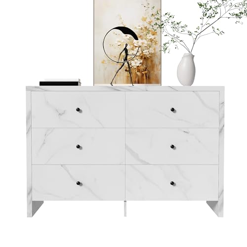 Elegantes Sideboard mit Marmorstruktur Anti-Kipp System und sechs geräumigen Fächern vielseitig einsetzbarer Schrank für Esszimmer Flur Wohnbereich Griffmöbel Melaminfront (Weiß) von WEALTHOUSE