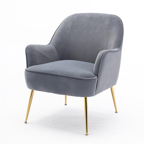 Ergonomischer Akzentstuhl mit gepolsterter Rückenlehne, breitem Sitz, goldenen Metallbeinen, verstellbaren Füßen, ideal für Wohnzimmer, Schlafzimmer, Leseecke, Büro, Innenbereich (Grau+Samt) von WEALTHOUSE