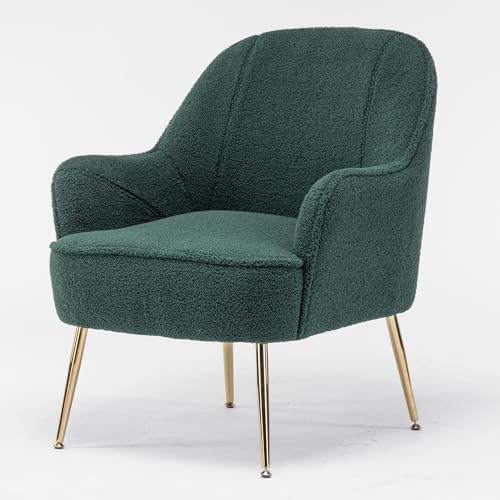 Ergonomischer Akzentstuhl mit gepolsterter Rückenlehne, breitem Sitz, goldenen Metallbeinen, verstellbaren Füßen, ideal für Wohnzimmer, Schlafzimmer, Leseecke, Büro, Innenbereich (Grün+Teddy) von WEALTHOUSE