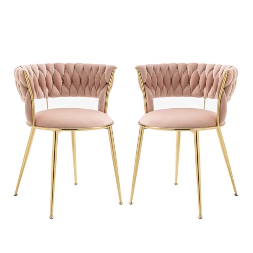 Esszimmerstuhl 2er Set mit luxuriösem Samtbezug, fingerförmige Rückenlehne mit Armlehnen, modernes hohlgewebtes Design, gepolsterter Sitz, stabile Metallbeine, für Wohnzimmer, Schlafzimmer (Rosa) von WEALTHOUSE