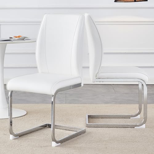 Esszimmerstuhl Schwingstuhl PU-Kunstleder Ergonomie Rückenstütze Komfortpolster Freischwinger Metallgestell Vielseitiger Einsatz Küche Essbereich Wohnzimmer Büro Hotel Restaurant (Weiß+Silber,2) von WEALTHOUSE