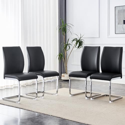 Esszimmerstuhl Schwingstuhl PU-Kunstleder Ergonomie Rückenstütze Komfortpolster Freischwinger Metallgestell Vielseitiger Einsatz Küche Essbereich Wohnzimmer Büro Hotel Restaurant (Schwarz+Silber,4) von WEALTHOUSE