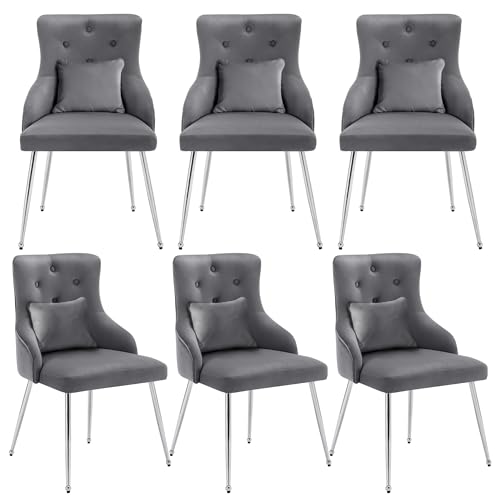 Esszimmerstuhl mit modernem Knopfdesign gepolstertem ergonomischem Lendenkissen Metallbeinen mit Schutzkappen weichem Samtstoff eleganter Rückenlehne hoher Komfort stilvoller Loungesessel (Grau,6) von WEALTHOUSE