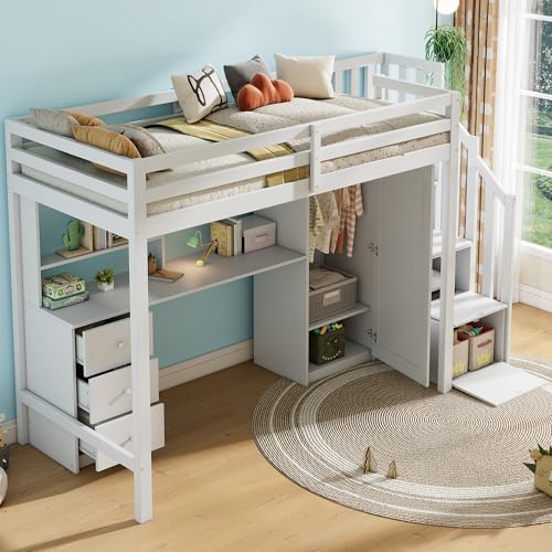 Etagenbett mit integriertem Schreibtisch Kleiderschrank Schubladen Treppenschrank massivem Holz MDF Konstruktion platzsparend Treppenaufgang Stauraum Treppe Geländer Lattenrost (weiß,90x200cm) von WEALTHOUSE