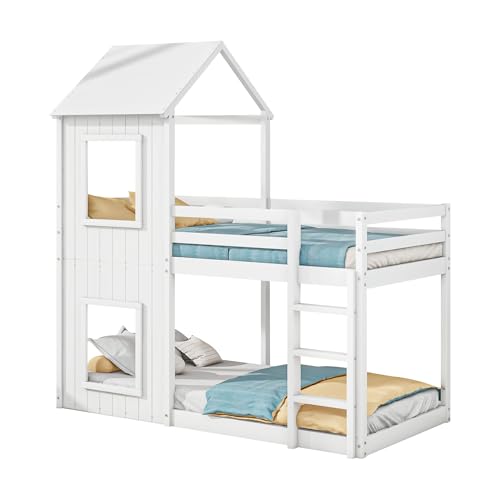 Etagenmöbel mit Baumhauscharakter Leiterkonstruktion Fensterpaneele Sicherheitsrahmen MDF-Holzstruktur Freizeitfläche Aufstiegshilfe Raumdesign Indoor Schlaffläche Spielarchitektur (weiß,90x200cm) von WEALTHOUSE
