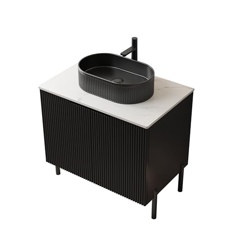Freistehender Badezimmerwaschtisch,gesinterter Carrara-Stein Arbeitsplatte,gestreifter Unterschrank,Doppeltüren Soft-Close,Aufsatzwaschbecken (76cm,Schwarzem Oval Gestreiftem Keramikwaschbecken) von WEALTHOUSE