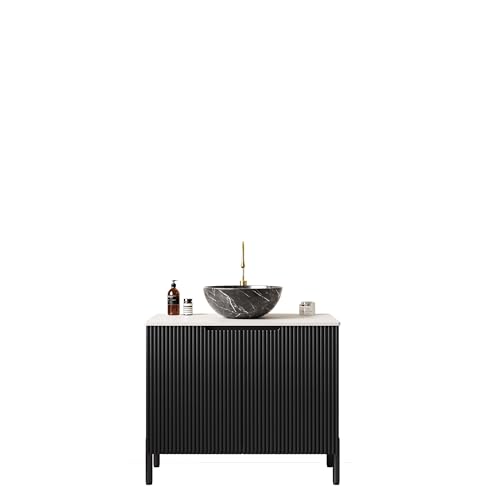 Freistehender Badezimmerwaschtisch,gesinterter Carrara-Stein Arbeitsplatte,gestreifter Unterschrank,Doppeltüren Soft-Close,Aufsatzwaschbecken (Schwarze Schüssel Becken mit Steinmuster,76cm) von WEALTHOUSE