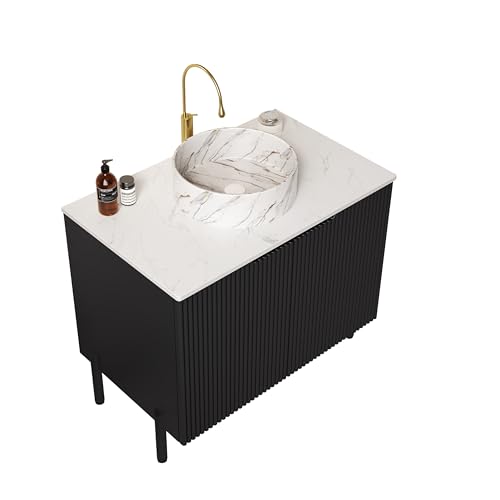 Freistehender Badezimmerwaschtisch,gesinterter Carrara-Stein Arbeitsplatte,gestreifter Unterschrank,Doppeltüren Soft-Close,Aufsatzwaschbecken (Weißem Rund Keramikbecken mit Steinmuster,76cm) von WEALTHOUSE