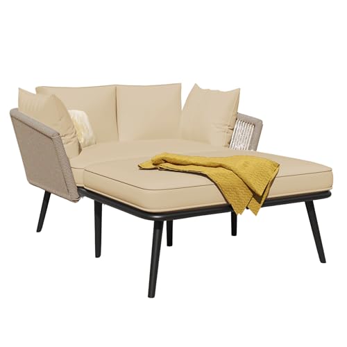 Gartensofa mit Rückenlehne und Armlehnen aus handgeflochtenem Seil, Sonnenliege für Terrasse Balkon Innenhof, Lounge Sofa mit abnehmbaren Kissen, Stahlrahmen UV-beständig,Outdoor Relax Liege (Khaki) von WEALTHOUSE