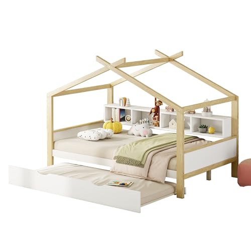 Hausbett mit Ausziehbett aus Kiefernholz und MDF,inklusive vier offenen Staufächern und integriertem Regal,Spielbett im Loft-Design mit Dachaufbau,platzsparendes Rollbett für Gäste (Weiß,140x200cm) von WEALTHOUSE