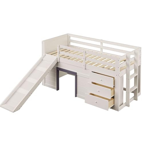 Hochbett mit Rutsche und Stauraum, Massivholz MDF Konstruktion,integrierte 3 Schubladen und 2 Türen,Lattenrost 15 Stück,multifunktionales Möbel mit Spiel- und Schlafbereich (Creme,90x200cm) von WEALTHOUSE