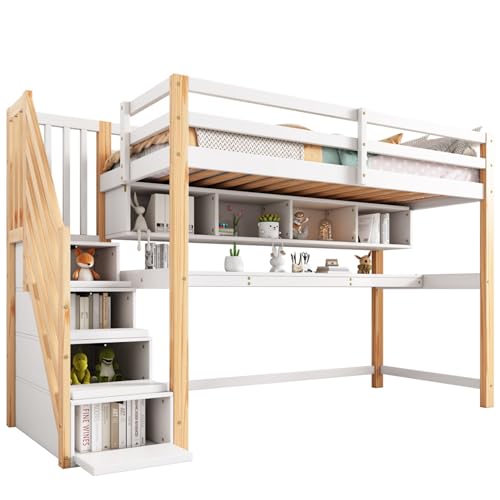 Hochbett mit integrierter Treppe und Schubladen, Schreibtisch mit Bücherregal unter Schlafebene, platzsparendes Design für multifunktionale Nutzung, stabile Holzrahmenkonstruktion mit Ablageflächen von WEALTHOUSE