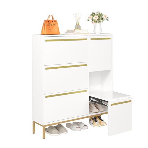 Hochwertiger Schuhschrank mit ausziehbarer Sitzmöglichkeit, Flacher Tiefe, DREI Doppelfächern zur Lagerung und durchdachtem System für Schuhe Aller Art in Wohn- und Schlafräumen (Weiß+Gold) von WEALTHOUSE