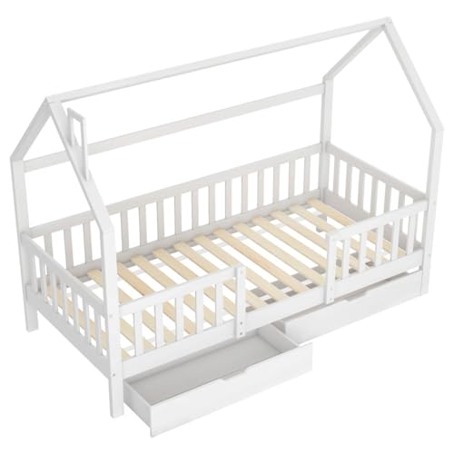 Holzbett mit Dachaufbau und Kamin inklusive zwei Aufbewahrungsschubladen aus massivem Kieferngestell,Bettgestell mit Umrandung,Holzrahmen mit Einstieg,Spielbett mit Absturzsicherung (weiß,90x200cm) von WEALTHOUSE