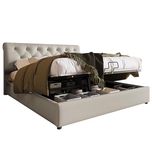 Hydraulisches Doppelbett Polsterbett mit höhenverstellbarem Kopfteil&integriertem Lattenrost Metallrahmen,modernes Bettgestell&großzügigem Stauraum,hautfreundliches Leinen (Mit Matratze,140x200cm) von WEALTHOUSE