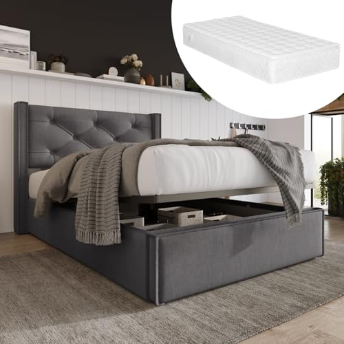 Hydraulisches Polsterbett mit Stauraum, modernes Bettgestell mit Lattenrost, hochklappbares Bett mit gepolstertem Kopfteil, stabiler Metallrahmen und Massivholz (Dunkelgrau Mit Matratze,90x200cm) von WEALTHOUSE