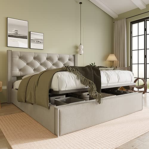 Hydraulisches Polsterbett mit Stauraum, modernes Bettgestell mit Lattenrost, hochklappbares Bett mit gepolstertem Kopfteil, stabiler Metallrahmen und Massivholz (Hellgrau Ohne Matratze,140x200cm) von WEALTHOUSE
