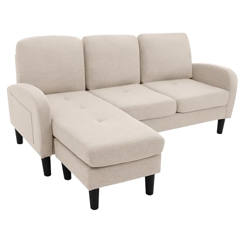 L-förmiges 3-Sitzer Ecksofa mit Chaiselongue, Atmungsaktiver Baumwoll-Leinen-Stoff, Kompaktes Design für Wohnzimmer, Modulares Sofa mit stabilem Kunststoffgestell, Weiche Polsterung (Beige) von WEALTHOUSE
