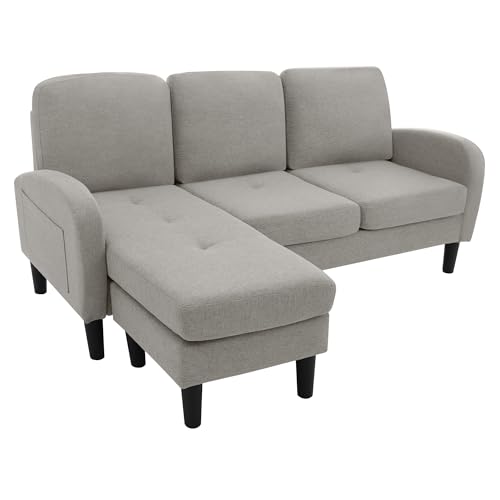 L-förmiges 3-Sitzer Ecksofa mit Chaiselongue, Atmungsaktiver Baumwoll-Leinen-Stoff, Kompaktes Design für Wohnzimmer, Modulares Sofa mit stabilem Kunststoffgestell, Weiche Polsterung (Hellgrau) von WEALTHOUSE