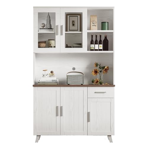 Landhausstil Hochschrank mit Türsystem Vitrine Regalboden Wohnraumeinrichtung Essmöbel Dekorationsfläche Haushaltsmöbel Kompaktlösung Schubladenaufteilung Holzstruktur Griffdesign (Weiße+Braune) von WEALTHOUSE