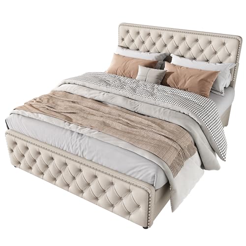 Leinenbettgestell mit rautenförmig gestepptem Kopf- und Fußteil, höhenverstellbarer Rückenlehne, robuster Struktur aus Metall und Holz, integrierte Aufbewahrungsschubladen (Beige,140x190cm) von WEALTHOUSE