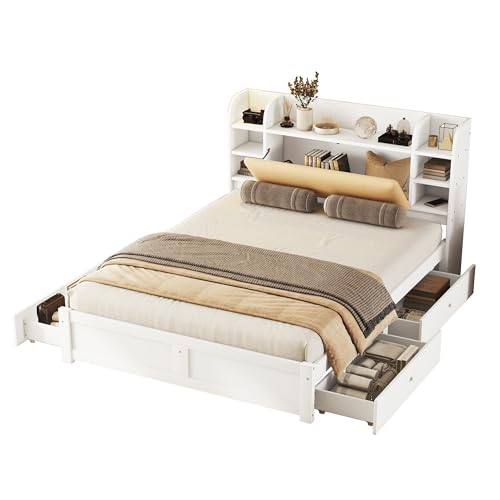 Massivholzbett mit Stauraum und Kopfteilablagen, 4 Schubladen, Bücherregal, verstecktem Fach, stabilem Lattenrost, komfortabler Liegefläche, Kiefernholz und MDF für Schlafzimmer (Weiß,160x200cm) von WEALTHOUSE