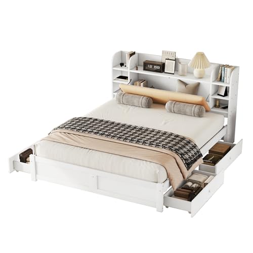 Massivholzbett mit Stauraum und Kopfteilablagen, 4 Schubladen, Bücherregal, verstecktem Fach, stabilem Lattenrost, komfortabler Liegefläche, Kiefernholz und MDF für Schlafzimmer (Weiß,180x200cm) von WEALTHOUSE