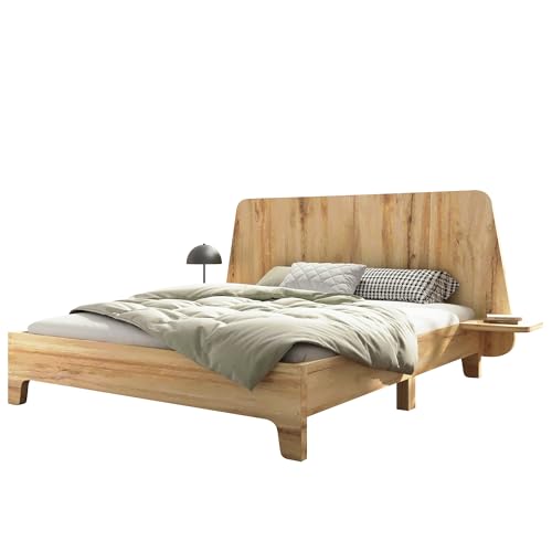 Massivholzbett mit integriertem Nachttischregal, Lattenrost inklusive, Robustes Bettgestell für hohe Tragfähigkeit, Elegantes Design mit geschwungenem Kopfteil (Eiche Mit Matratze,160x200cm) von WEALTHOUSE