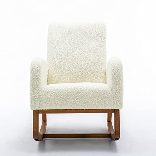 Mid-Century moderner gepolsterter Schaukelstuhl mit hoher Rückenlehne und Seitentaschen, Massivholzrahmen mit Schaumstoffsitz, ergonomische Relaxwippe für Wohnzimmer Schlafzimmer Büro Balkon (Weiß) von WEALTHOUSE
