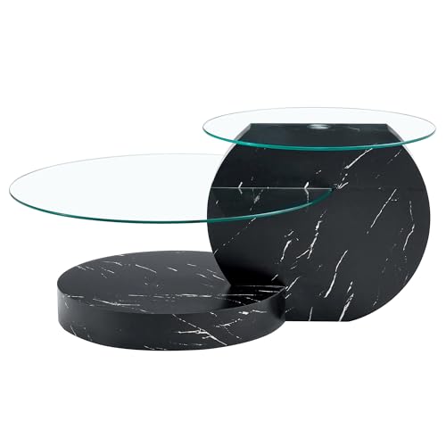 Minimalistischer Couchtisch Glas MDF Untergestell Runde Tische Mehrstufige Sofatisch Stabile Sicherheitsglasplatte Designer Wohnzimmertisch Elegantes Möbelstück Modern Einfach Montage (Schwarz) von WEALTHOUSE