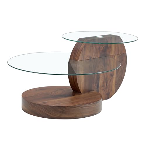 Minimalistischer Couchtisch Glas MDF Untergestell Runde Tische Mehrstufige Sofatisch Stabile Sicherheitsglasplatte Designer Wohnzimmertisch Elegantes Möbelstück Modern Einfach Montage (Walnuss) von WEALTHOUSE